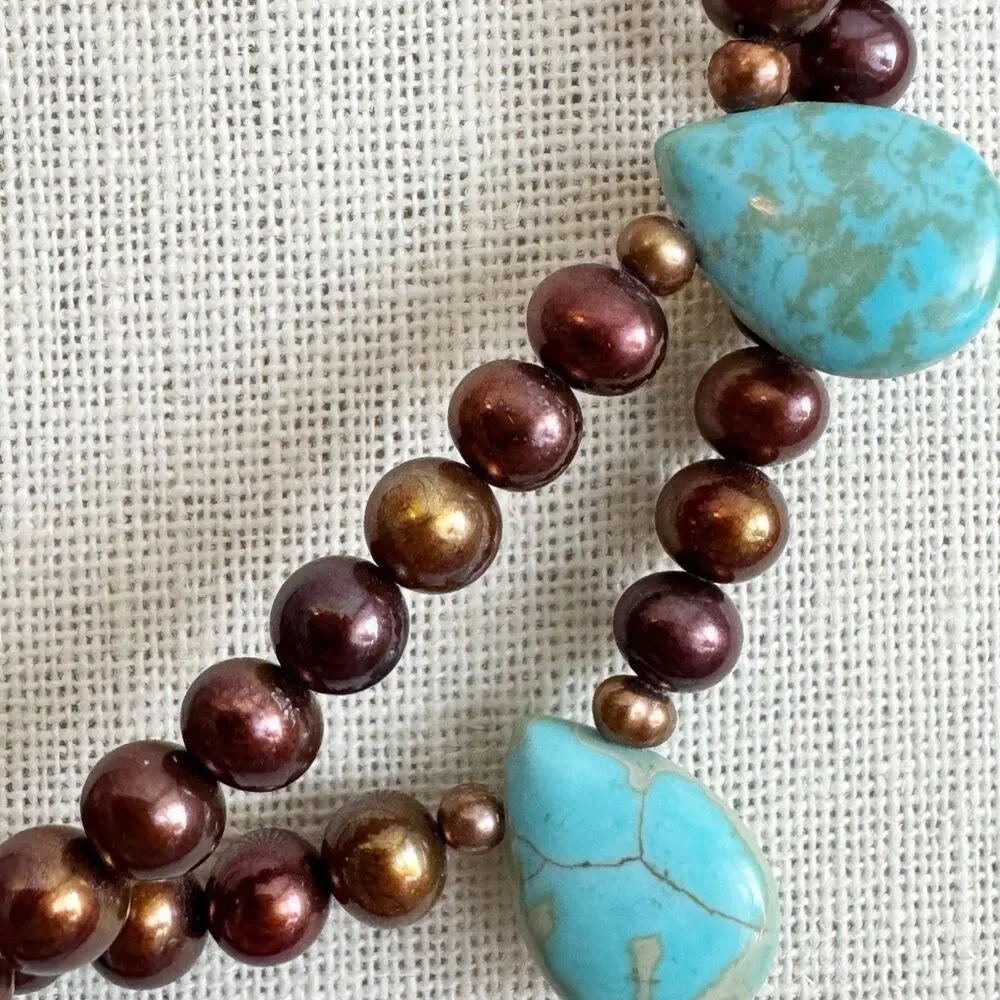 Turquoise Teardrop Bronze Pearl Double Strand Necklace Sterling Silver Bohemian